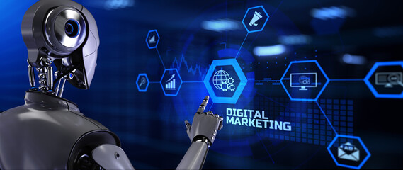 Wall Mural - Digital marketing automation concept. Robot pressing button on screen 3d render.