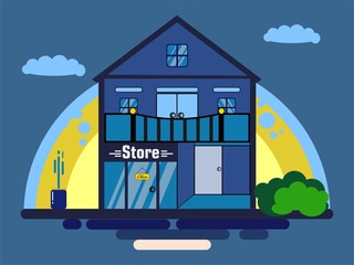 flat design of houses and shops with plant decoration at night with cool atmosphere