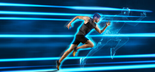 Poster - Sporty young man running on blue neon background