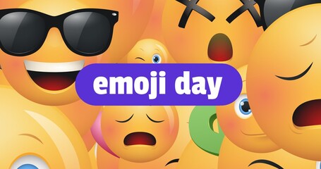 Poster - Digitally generated image of emoji day text over full frame shot of various emoticons
