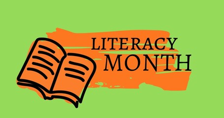 Illustrative image of book with literacy month text and orange scribbles on green background