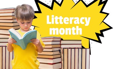 Poster - Composite of cute caucasian boy reading book and literacy month text with stack of books, copy space