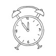 Vintage alarm clock with a round dial on legs. Doodle. Hand drawn Vector illustration. Outline.