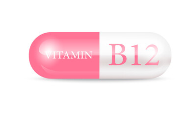 Capsule vitamin B12 structure pink and white. Beauty concept. Personal care. 3D Vector Illustration. transparent capsule pill. Drug business concept. Vitamin complex with chemical formula.