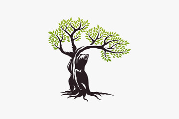 Wall Mural - bear and tree logo with a bear standing hugging a tree