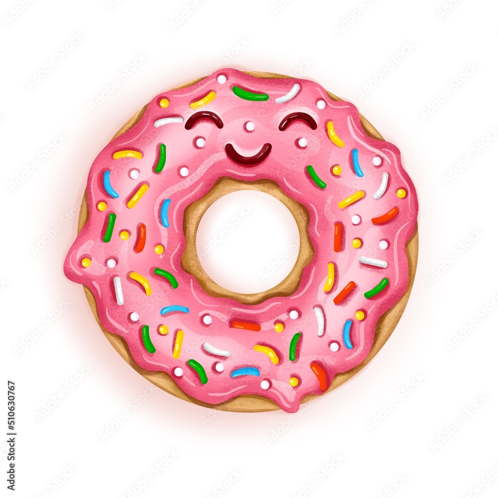 Illustration of a cute pink cartoon donut with pink icing. Realistic illustration.
