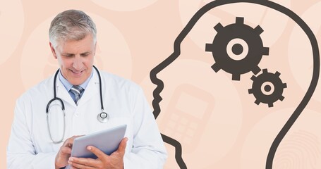 Sticker - Composite of caucasian senior doctor using digital pc and human head with gears on peach background