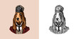 Bloodhound Dog dressed up in suit. Hunting breed. Fashion Animal character in clothes. Hand drawn sketch. Vector engraved illustration for label, logo and T-shirts or tattoo.
