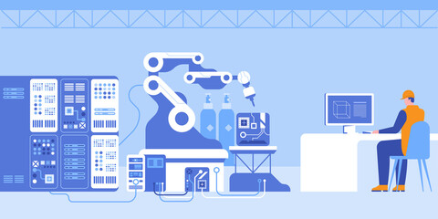 Wall Mural - Robotized production line at contemporary plant. Flat color vector illustration. Worker at computer controlling manufacturing process 2D simple cartoon character. Workshop and equipment on background