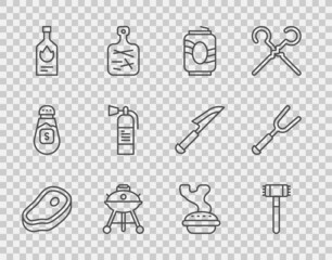 Sticker - Set line Steak meat, Kitchen hammer, Soda can, Barbecue grill, Tabasco sauce, Fire extinguisher, Homemade pie and fork icon. Vector