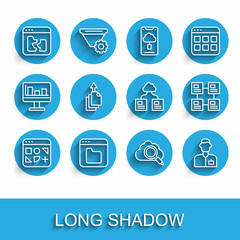 Poster - Set line Different files, Browser, Broken, Search cloud computing, Analyst engineer, Data export, Hierarchy organogram chart and Cloud technology data transfer icon. Vector