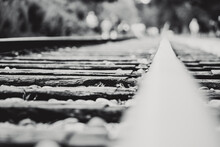 Black & White Dramatic Railway Track With Extreme Close Up And Fading Into Distance.