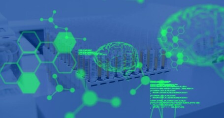 Poster - Animation of data processing and chemical formula over test tubes in lab