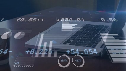 Aufkleber - animation of financial data processing over laptop on desk