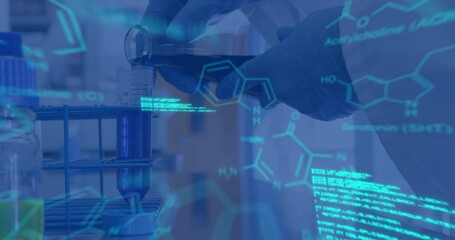 Poster - Animation of data processing and chemical formula over scientist in lab