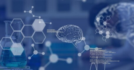 Poster - Animation of data processing and chemical formula over scientist in lab