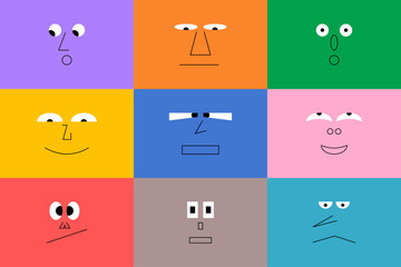 Colorful avatar design set, modern flat cartoon character collection in simple doodle art style for psychology concept or social reaction.