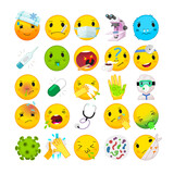 Fototapeta Pokój dzieciecy - Collection of health issues and illness symptoms emoticons. Health care and treatment emoji. Isolated vector emoji for clinic infographics.  Part 1 of 2