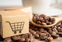 Box With Shopping Cart Logo Symbol On Coffee Beans, Import Export Shopping Online Or ECommerce Delivery Service Store Product Shipping, Trade, Supplier Concept.