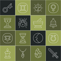 Sticker - Set line Medieval sword, Life, Ringing alarm bell, Sun, Spider, goblet, Old key and Mortar and pestle icon. Vector