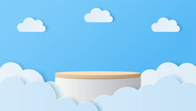 Paper Cut Of Clouds With White Cylinder Podium For Your Product Presentation, Mockup, Show Cosmetic. Vector Illustration