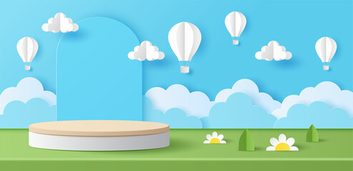 Canvas Print - Paper cut of Summer season on green nature landscape with hot air balloons and clouds on blue sky background. Cylinder podium for your products display presentation. Vector illustration