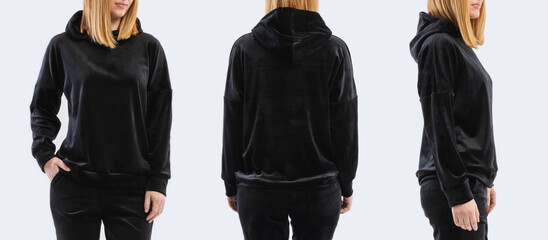 Template of a women's sweatshirt of black colors. Front view, side view, back view. Hoodie mockup.