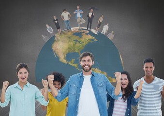 Poster - Group of diverse people celebrating over globe icon against grey background