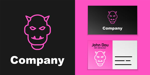 Wall Mural - Pink line Mask of the devil with horns icon isolated on black background. Logo design template element. Vector