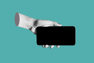 Mobile phone with black screen in female hand isolated on teal blue color background. Blank with empty copy space for the text. Trendy collage in magazine urban style. Contemporary art. Modern design