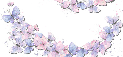 Horizontal frame of flying butterflies, pink blue, purple, with splashes of paint. Watercolor illustration. For invitations, certificates, flyers, posters, postcards, banners, decoration and design.