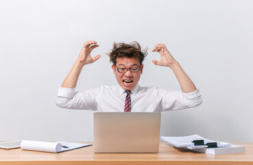 Asian business man sitting and working and stressed