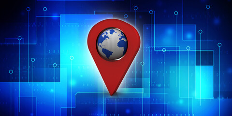 Poster - 3d rendering Red map pointer with world map
