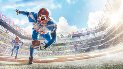 Poster - Touchdown in football. Young agile american football player running fast towards goal line. Sportsman in action. Sports emotions