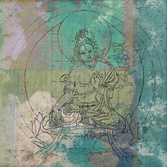 Buddha : Samadhi. Ancient vintage public domain drawing digitally remixed. 