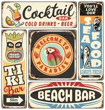Tropical Cafe And Beach Bar Signs Collection. Retro Posters Template. Vector Illustration.