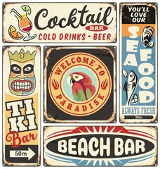 Tropical cafe and beach bar signs collection. Retro posters template. Vector illustration.