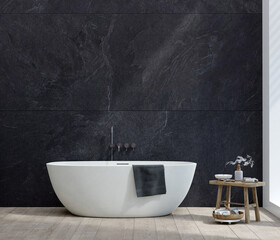 Poster - Bathroom interior with a white bathtub, dark marble wall and wooden floor. 3D render. 3D illustration.