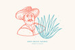 Mexican male farmer and blue agave bush. Vector illustration on a light isolated background.