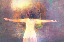 The Soul's Mirror. Mixed Media Artwork Of A Young Woman Facing Into The Sun. 