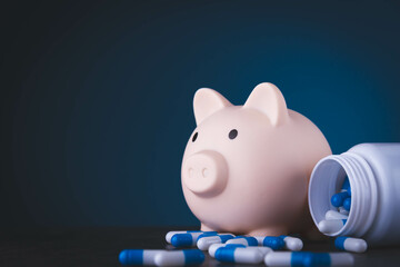 Piggy bank and medicines. Buying pills. Credit for treatment.