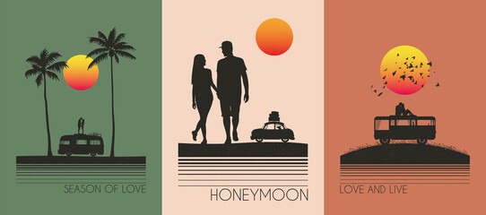 Sticker - lovers on beach. family road trip. people and retro car. t-shirt set