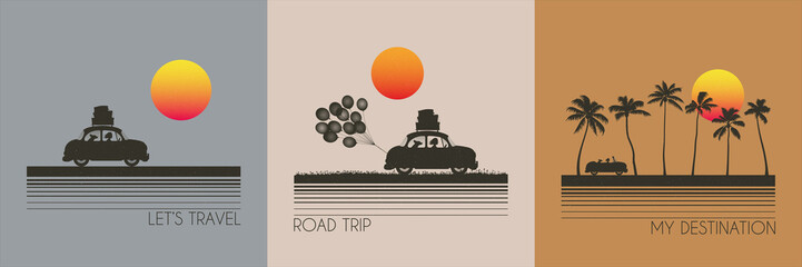 Poster - People in fictional car. Road trip. Summer vacation. Retro t-shirt set