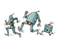 The Robots Are Running. Different Models Of Artificial Intelligent Humanoid Mechanisms. Running Marathon Speed Sport