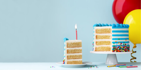 Slice of birthday cake with red birthday candle and colorful birthday balloons