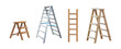 3d realistic vector icon illustration. Metal and wooden ladder in front and side view, isolated on white background.