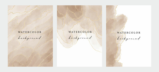 Wall Mural - Set of vector watercolour universal backgrounds with gold glitter and copy space for text