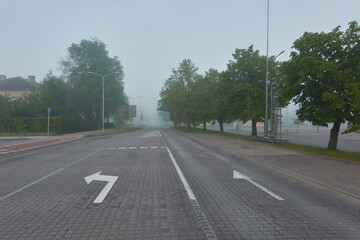 Wall Mural - A new asphalt road (highway) in a fog. Cobblestone pedestrian walkway and alley of young green trees. Street lanterns, traffic lights. Cityscape. Landscaping, dangerous driving, safety concepts