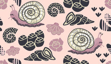 Seamless Repeat Pattern With Snails, Shells, Pebbles In Pastel Pink,lilac And Gray Colors.Abstract Background And Texture For Printing On Fabric And Paper.Vector Hand Drawn Illustration.