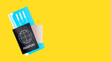 Banner With Passport, Boarding Pass And Credit Card On Yellow Background. Travelling By Air Concept. Documents For Going Abroad By Plane. Copy Space. High Quality Photo